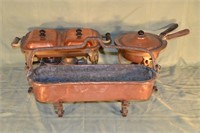 Copper lot: 2 chafing dishes, oblong pan with iron