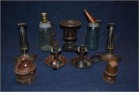 Lot: SP & copper candlesticks, 3 wood souvenirs, 2