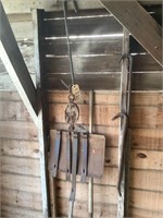 Pry bars, meat hook, wooden pully