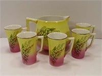 Ornate Pink Yellow Pitcher and Tumblers (Chip)
