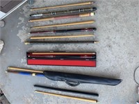 Pool cues & cases, walking stick, & cheater stick