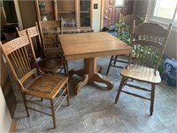 oak pedestal table with 6 unmatching pattern back