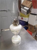 Milk Glass Floral Kerosene Lamp w/Chimney -