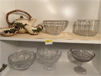 CLEAR GLASS BOWLS & CERAMIC TEA KETTLE AND