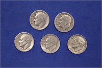 (5) Roosevelt Dimes, 90% Silver, Various Years