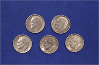 (5) Roosevelt Dimes, 90% Silver, Various Years