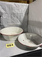 2 large white and red enamel Bowls