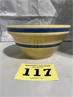 9” Blue and White Banded Yellow Ware Bowl