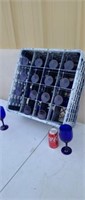 16 blue stem wine glasses and plastic tray