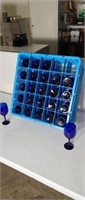 25 blue stem wine glasses and plastic tray