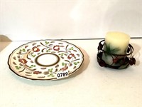 GRAY'S POTTERY PLATE & METAL HOLDER/CANDLE