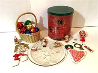 BASKET OF ORNAMENTS-11" TALL TIN-AND MORE