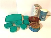 ASSORTED TINS-PLASTIC STORAGE WITH LIDS
