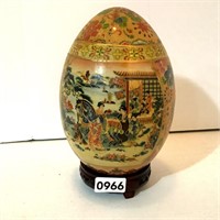 ASIAN PORCELAIN EGG ON LACQUER BASE-9" TALL