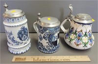 3 Steins 2 Porcelain, 1 Hand Painted