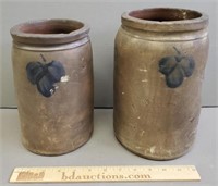 2 Antique Stoneware Crocks Clover Decorated
