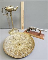 Bronze Plate, Gun Lighter, Brass Lamp Lot