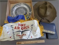 Military Lot: Medals, Hat, Pillow Shams & Plate