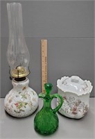 Porcelain Biscuit Jar, Oil Lamp, Green Glass