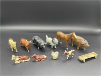 10 - lead farm animal figures and trough