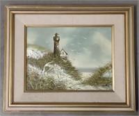 Framed Oil Painting *Signed* Lighthouse Beach