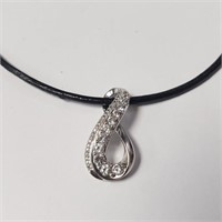 Silver Cz With Leather Chord Necklace