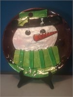 Round glass snowman platter 12 in