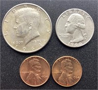 1964 Set, Kennedy Half, Quarter, Lincoln Cents