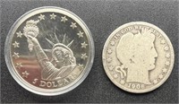 1906 O Barber Half & 2006 Liberian Silver $5