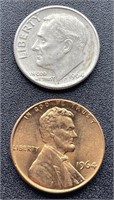 1964 D Dime, MS & 1964 Linc. Cent, Proof