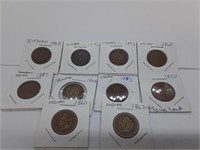 (9) US Indian Head Pennies & (1) 1857 Flying Cent
