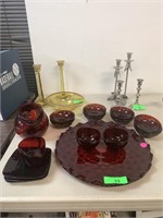 VTG RUBY GLASS TRAYS, BOWLS W A PITCHER AND MORE