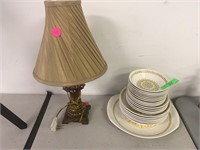 NICE LAMP AND PARTIAL DISH SET NO MARKINGS