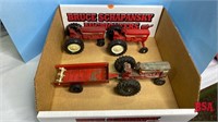 Box w/ 3 IH Metal Tractors & Metal Manure Spreader