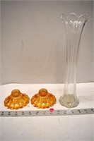 13" tall clear glass vase and pair of marigold