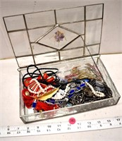 Leaded glass jewellery box with assorted