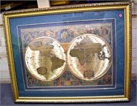 Large framed metallic globe picture (38" x 30")