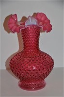 Ruffle Edged Cranberry Hobnail Vase
