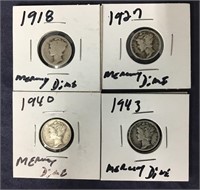 Four Vintage Mercury Dimes Of Various Dates