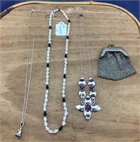 Small Torn Mesh Purse & 3 Sterling Necklaces