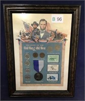 Framed Display With Coins, Stamps and Medal Of