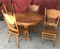 Oak Table With Four Oak Press Back Chairs