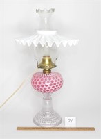 Cranberry Glass Electric Lamp w/Milk Glass Pettico