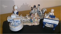 4 Porcelain figures, two horse and carriage and