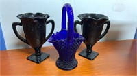 Pair antique black glass 2 handle vases with