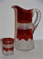 Pressed Glass Red Striped Pitcher & Cup