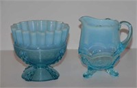 2 Antique Opalescent Rimmed Blue Glassware