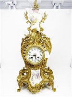 Ornate French Mantle Clock Bronze &Porcelain