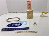 Vintage Glass Perfume bottle, Talcum Powder Tins,