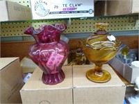 Fenton glass vase & covered candy dish